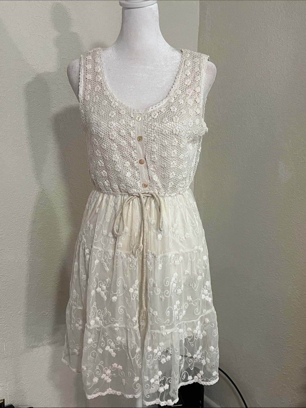 Sleeveless Ivory Lace Mini Dress with Embroidered Skirt